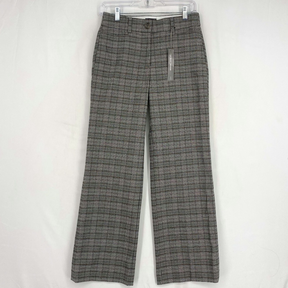 LOFT Women 2 Petite High Waisted Trouser Pants Black Tan Plaid Wide Leg Washable